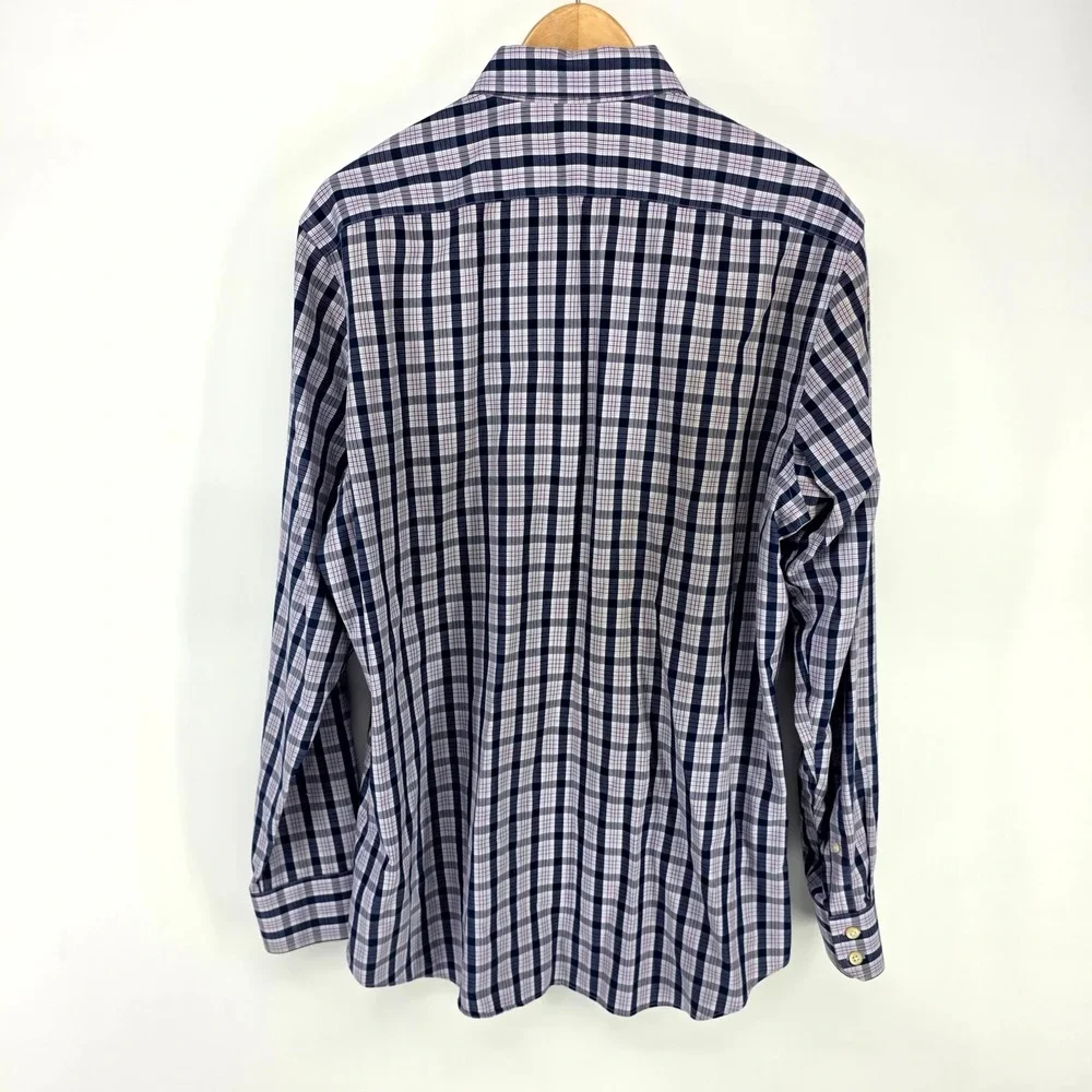 Banana Republic Button Down Mens L Navy Purple Plaid Non-Iron Slim Fit Shirt